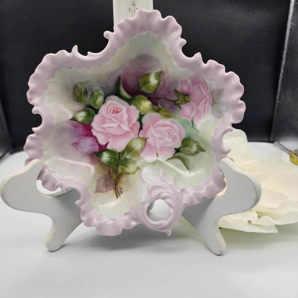 Beautiful Porcelain Hand Painted Victorian Roses Flowers Nappy Dish Pink Signed - Picture 2 of 11